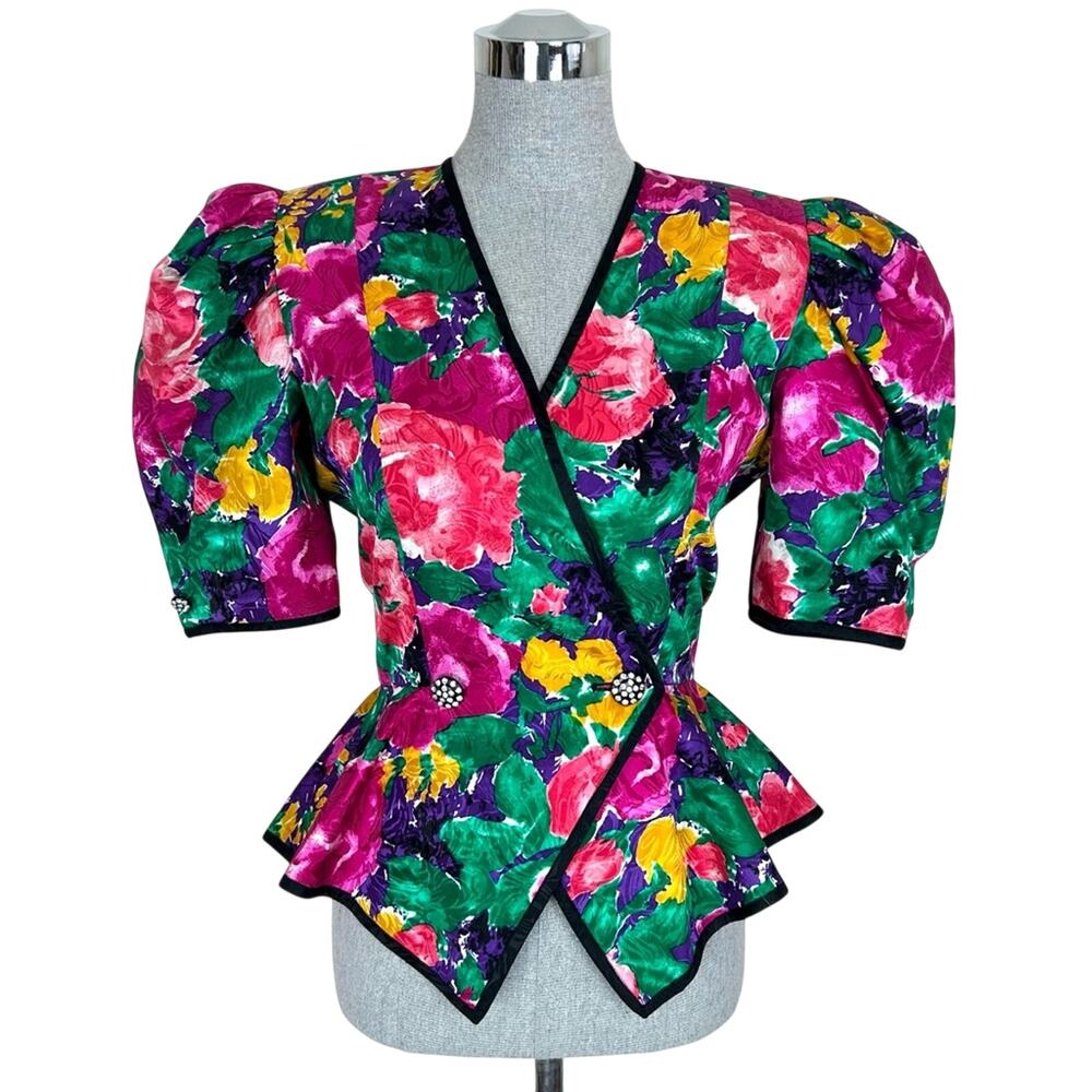Vintage 80's Top Nordstrom Point of View Silk Floral Puff Sleeve bow Wrap Sz 4‎